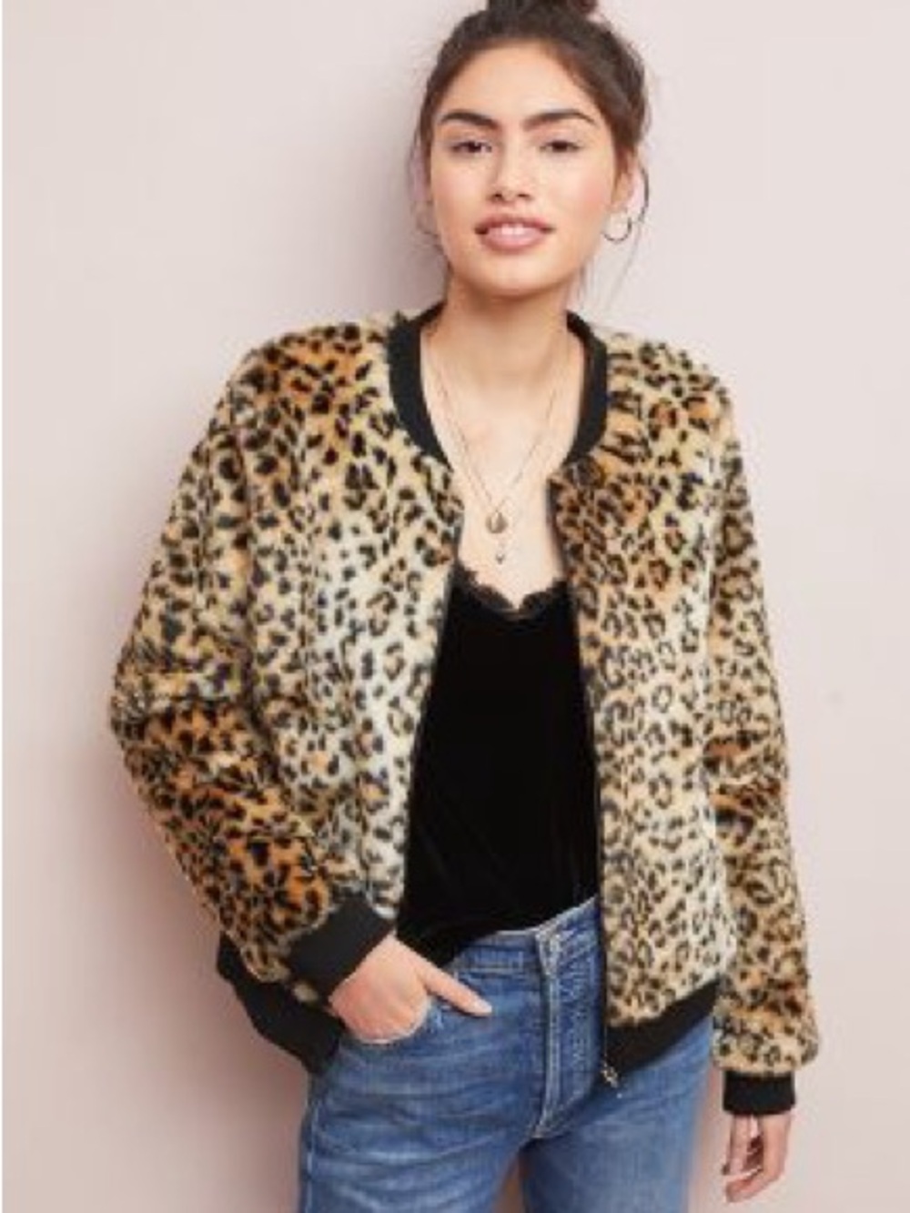 Anthropologie Leopard-Print Faux Fur Bomber Jacket in Tan and Black
